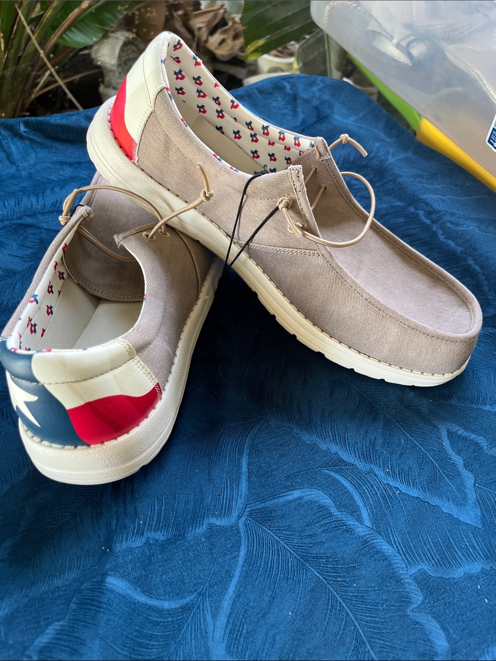 Texas pride GBX Taupe Suede Boat Shoes with Red & Blue Heel Detail